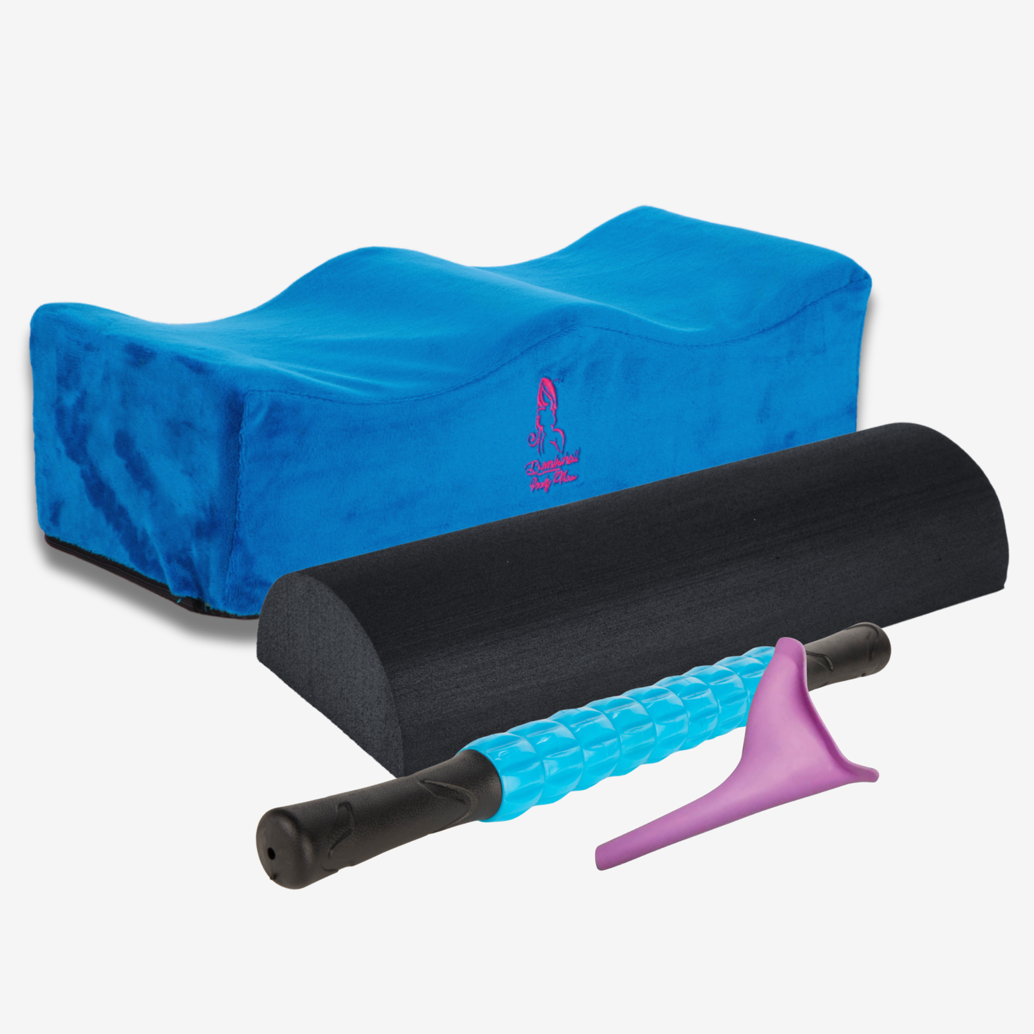 Blue Booty Cushion Pillow, Black Toilet Riser, Blue Massage Roller Package