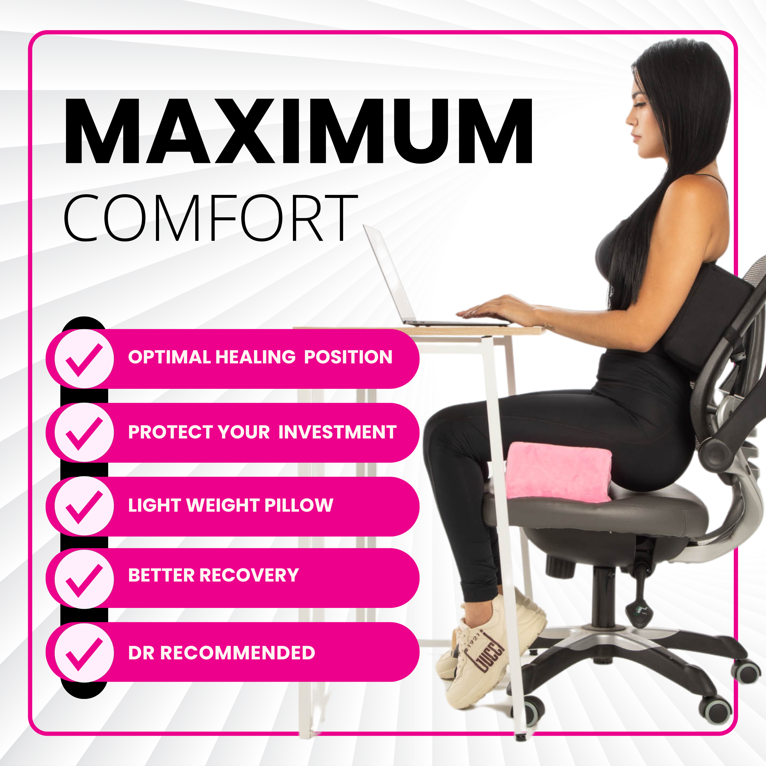 Woman using a pink Bombshell BBL Pillow for ergonomic support during a long-distance flight to maintain BBL results.