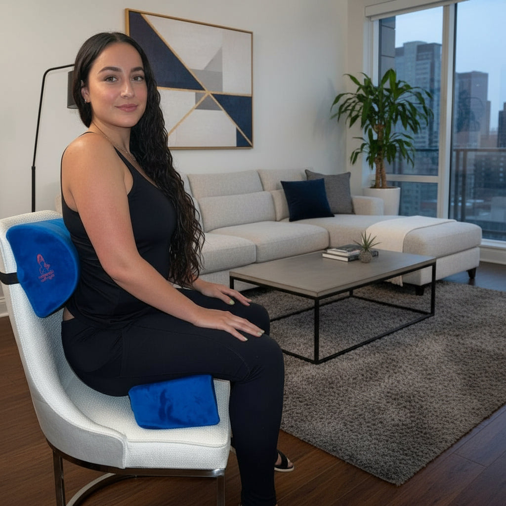 Woman using a BBL pillow for sitting after a Brazilian Butt Lift surgery to protect her bbl before and after results