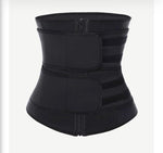 Black women's waist trainer sweat belt with double velcro closure and dual zipper, tummy control