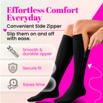 Close-up detail of BBL post-op zipper compression socks black 
