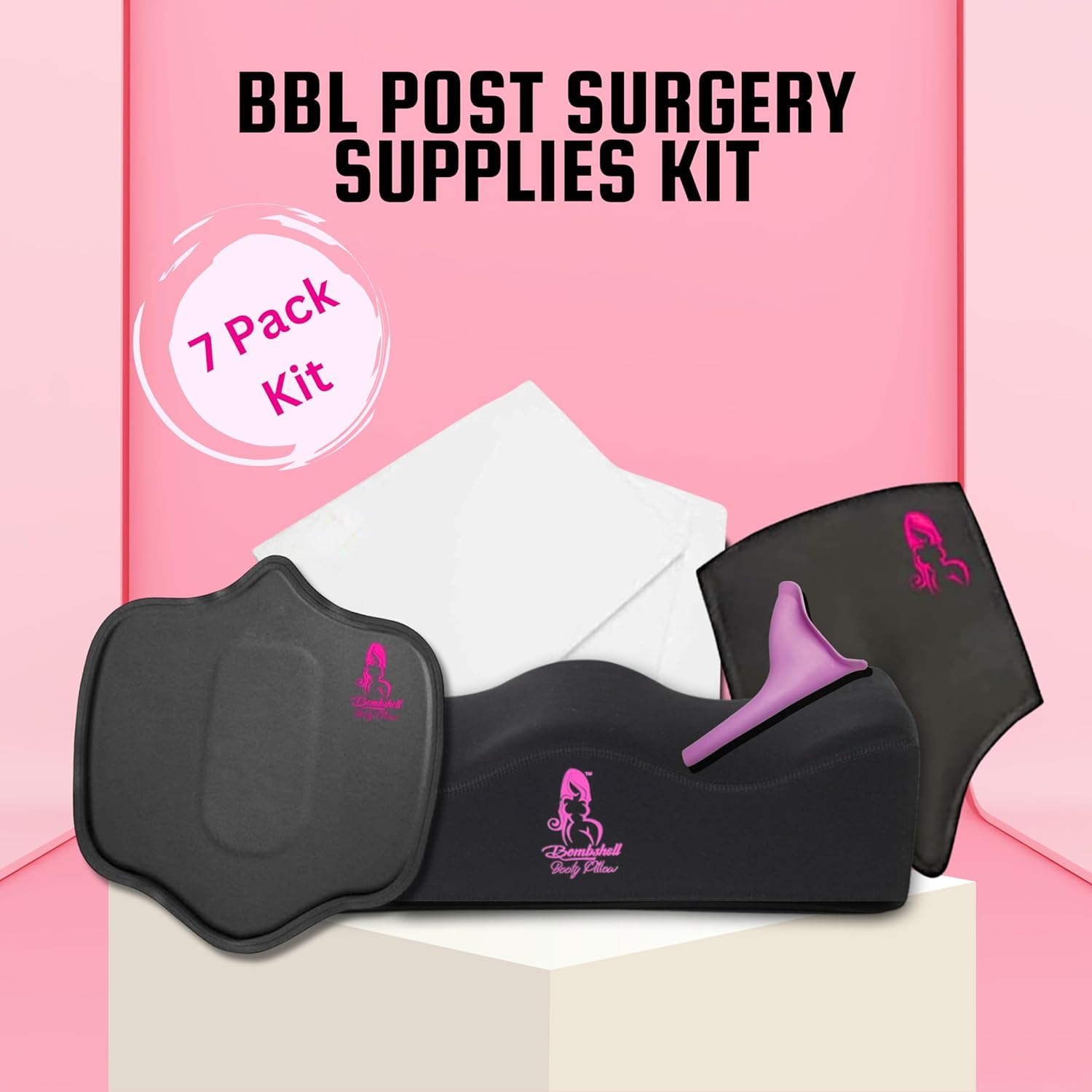 BBL Pillow + Compression Kit 7 Piece Recovery Bundle with Boards & Lipo Foam Black