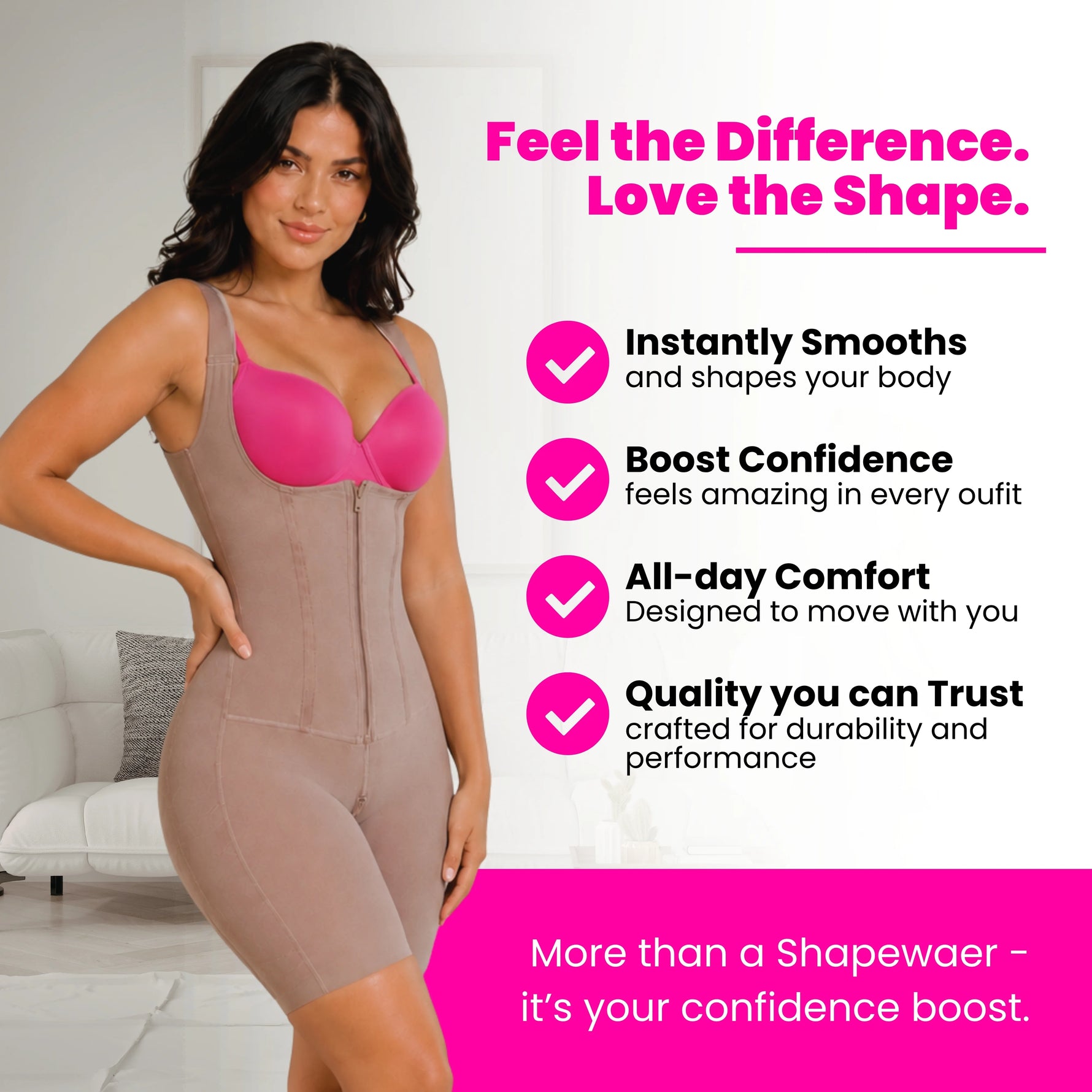 Fajas Colombianas post-surgery bodysuit worn invisibly under everyday clothes – blazer and dress – for confident daily wear