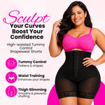 Women's high waist butt lifter shapewear shorts available in beige and black with lace trim and hook closure