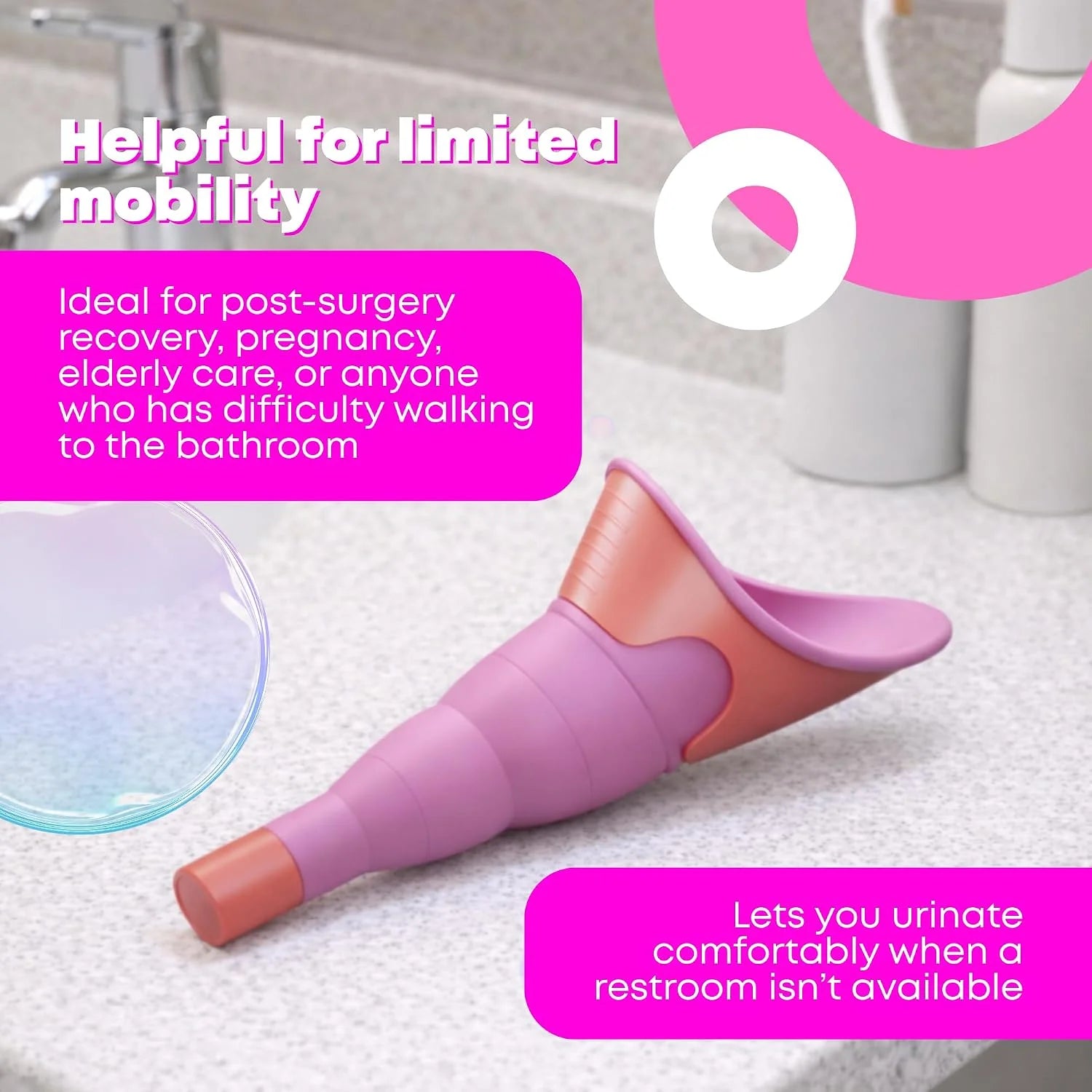Women's collapsible urinal funnel package contents – includes pee funnel device and travel carry pouch pink 