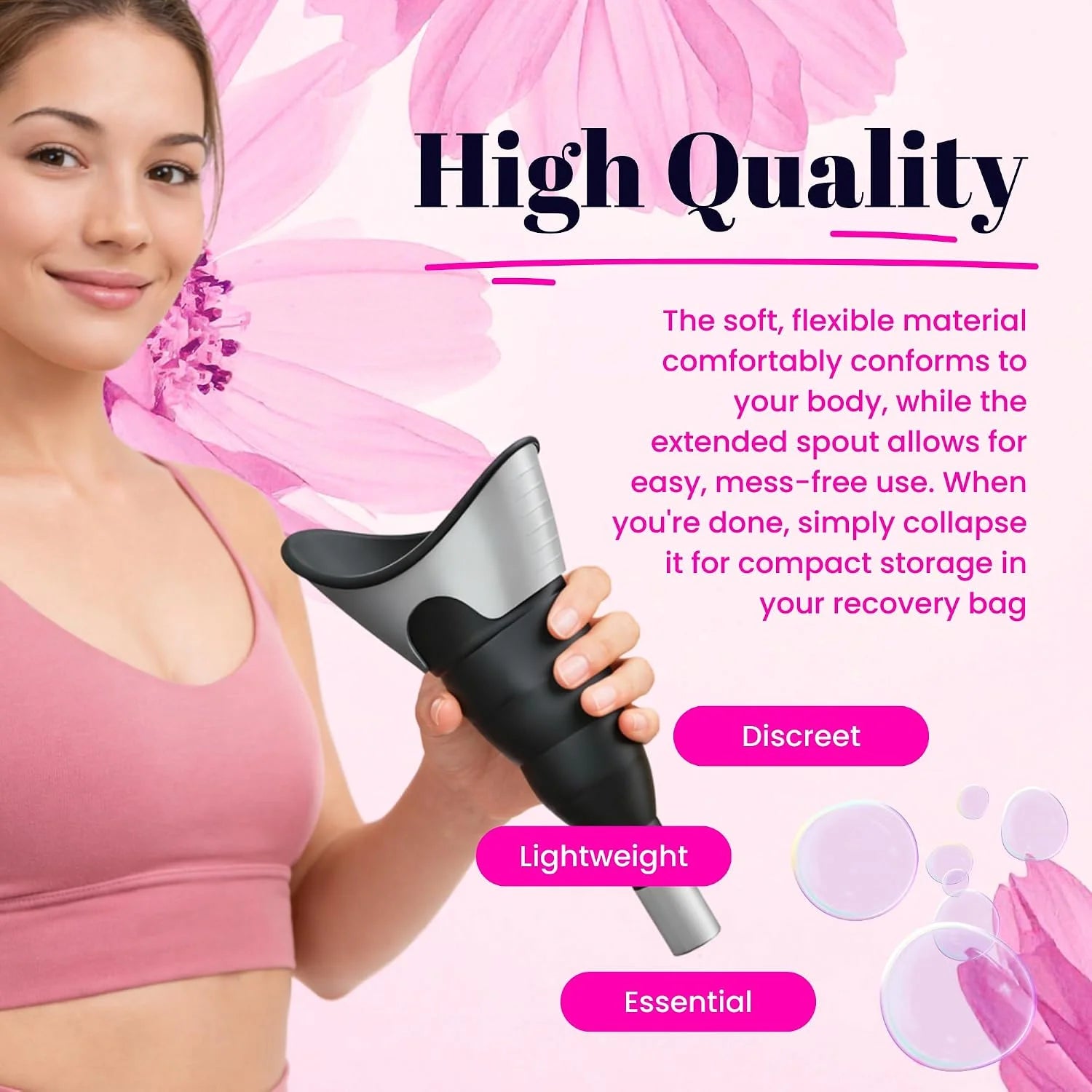 Collapsible women's pee funnel shown open and folded with black carry pouch – portable travel urinal Black 