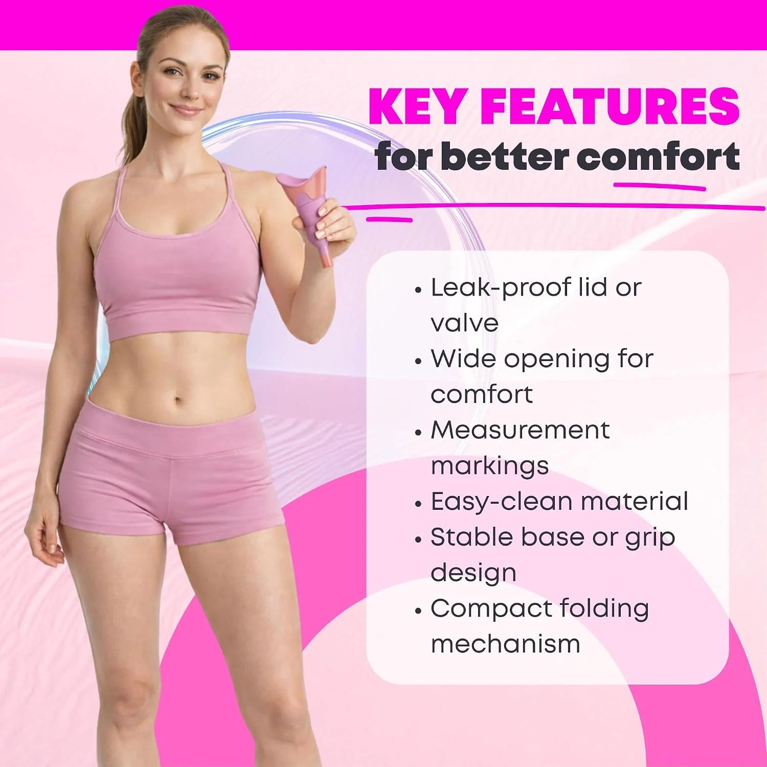 Collapsible women's pee funnel shown open and folded with black carry pouch – portable travel urinal pink 