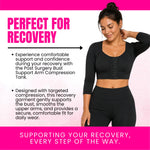 Post-surgery arm compression sleeve and bust support tank available in beige and black – same compression, different colors