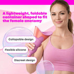 Woman holding portable female urination device – discreet, reusable, and shaped for comfortable stand-to-pee use Pink 