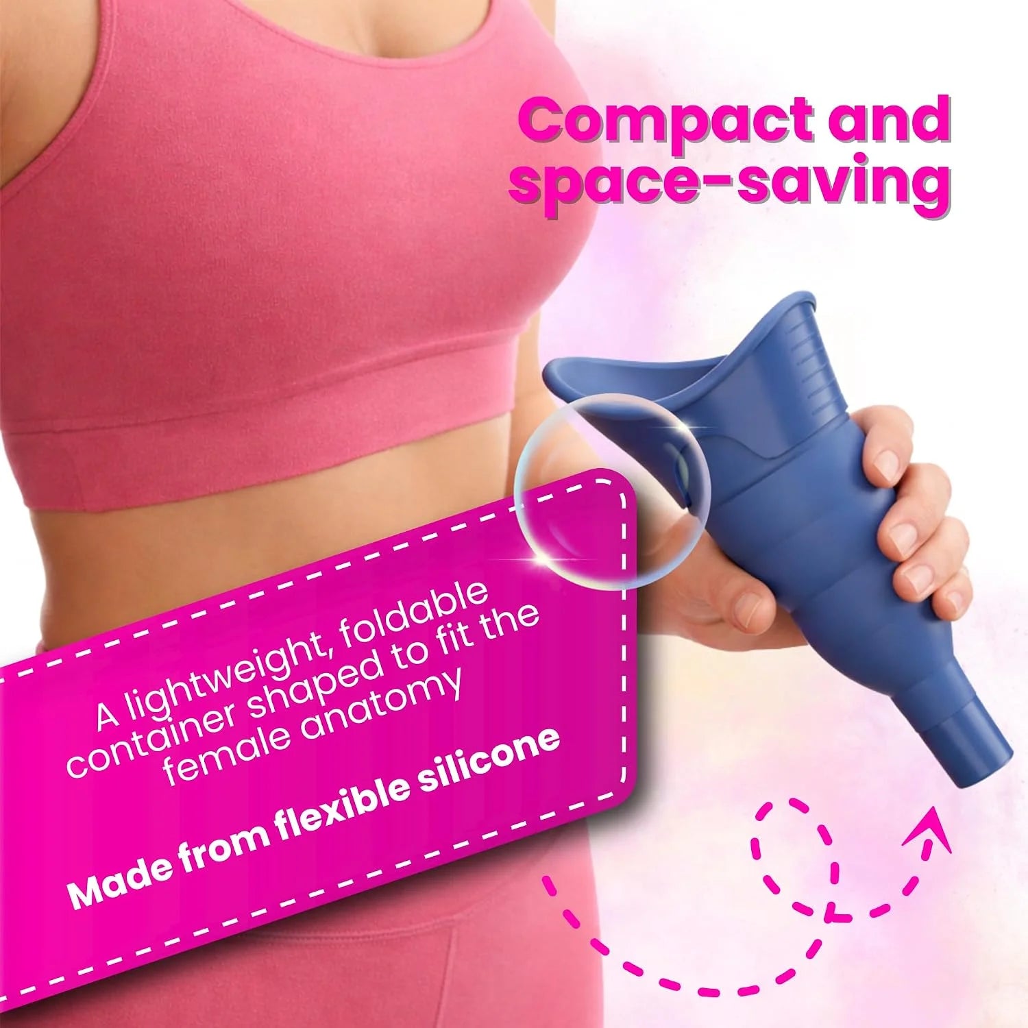 Woman holding portable female urination device – discreet, reusable, and shaped for comfortable stand-to-pee use Blue 