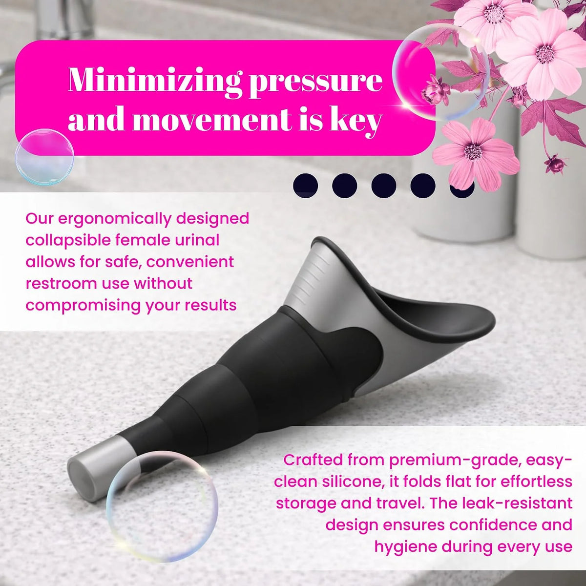 Woman holding portable female urination device – discreet, reusable, and shaped for comfortable stand-to-pee use Black 