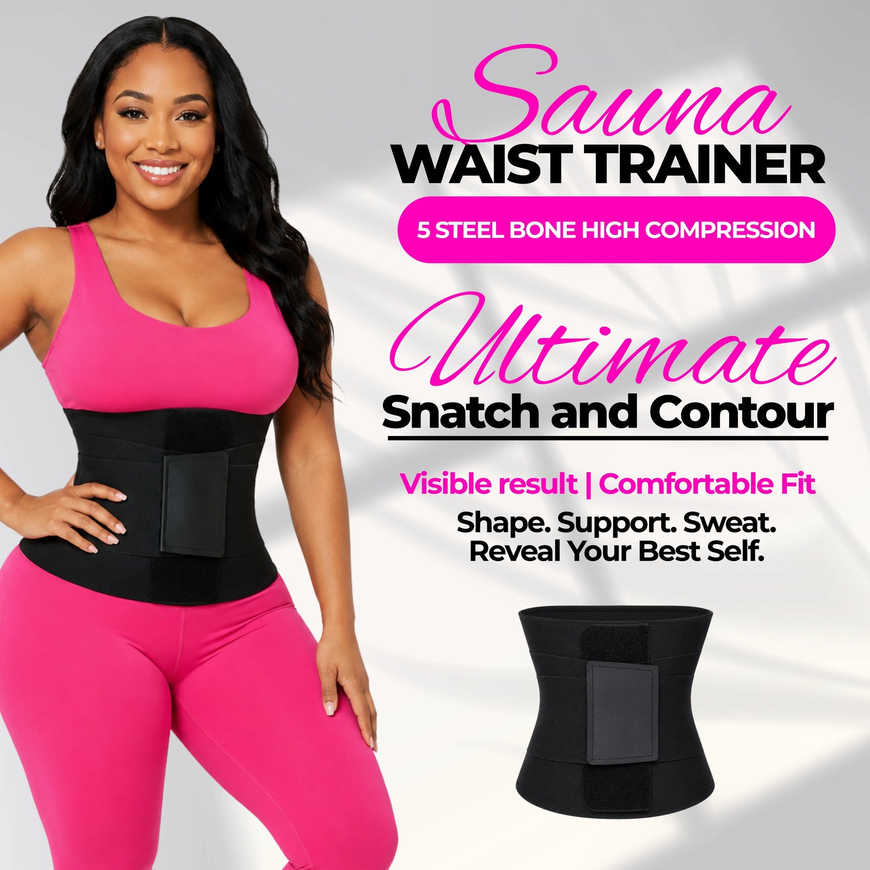 Waist trainer core support structure with triple adjustable straps, breathable material, and hook & loop closure