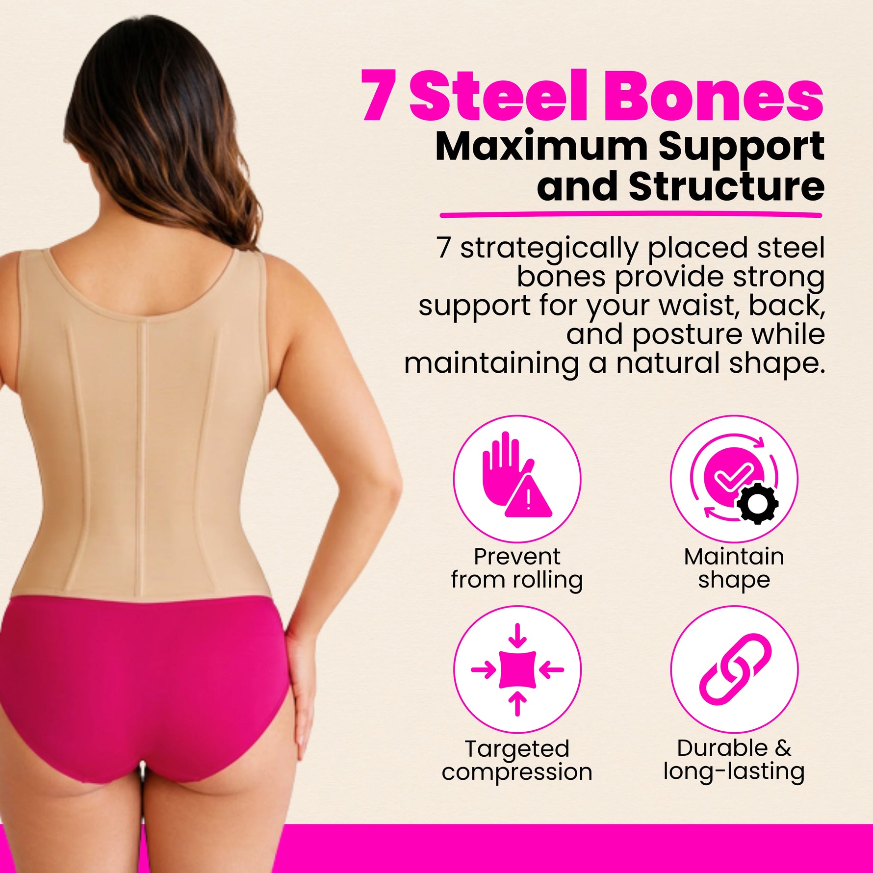 Women's waist trainer corset with 7 steel bones for maximum back support, posture correction, and targeted waist compression