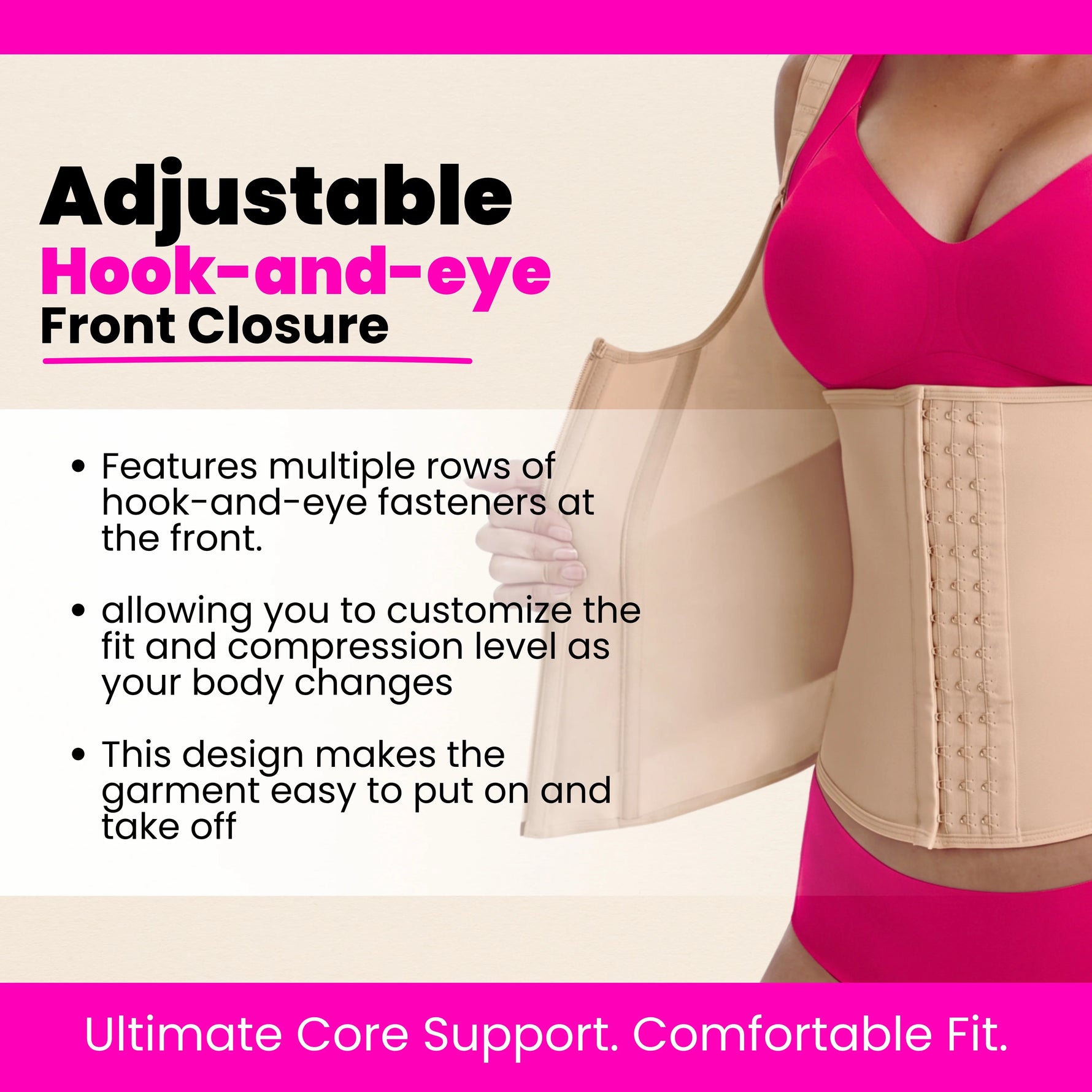 Adjustable hook-and-eye front closure on women's waist trainer corset for customizable compression and core support