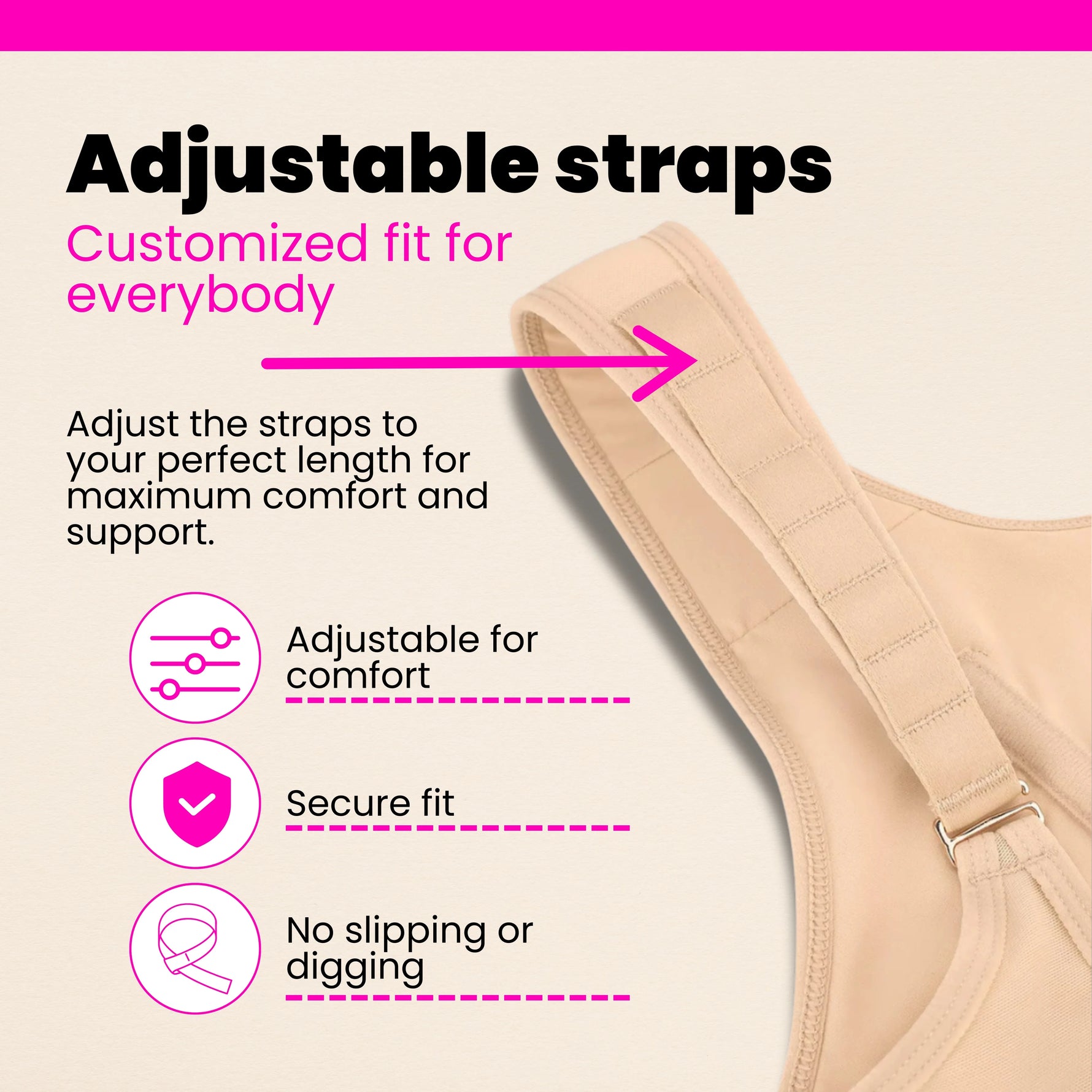 Adjustable shoulder straps on women's waist trainer corset for a secure, no-slip, customized fit