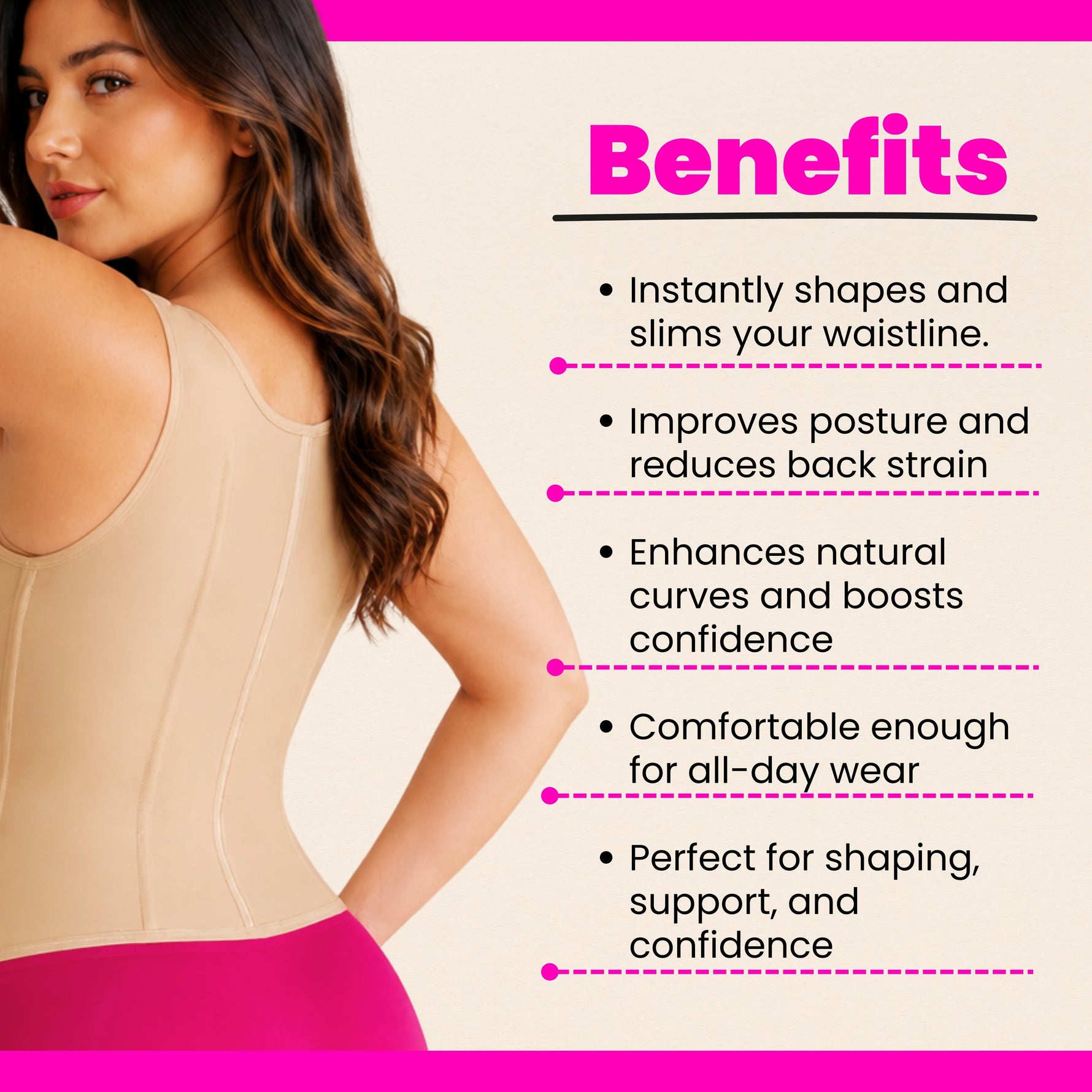 Benefits of women's waist trainer corset – instantly shapes waistline, improves posture, enhances curves, comfortable all-day wear
