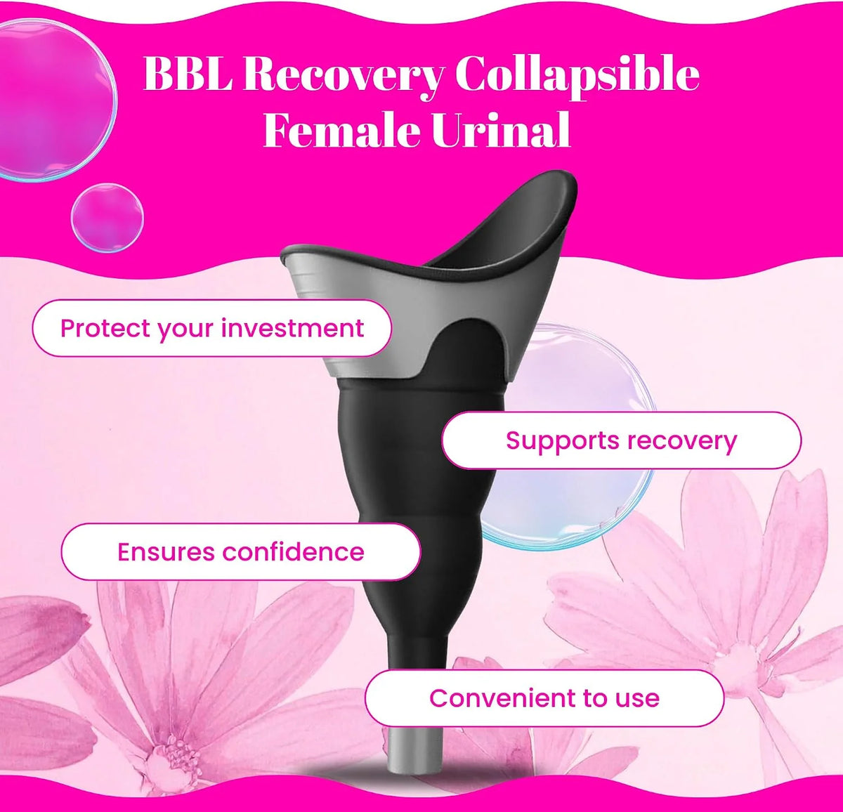 Reusable and eco-friendly collapsible female urinal shown folded flat on bathroom counter Black 