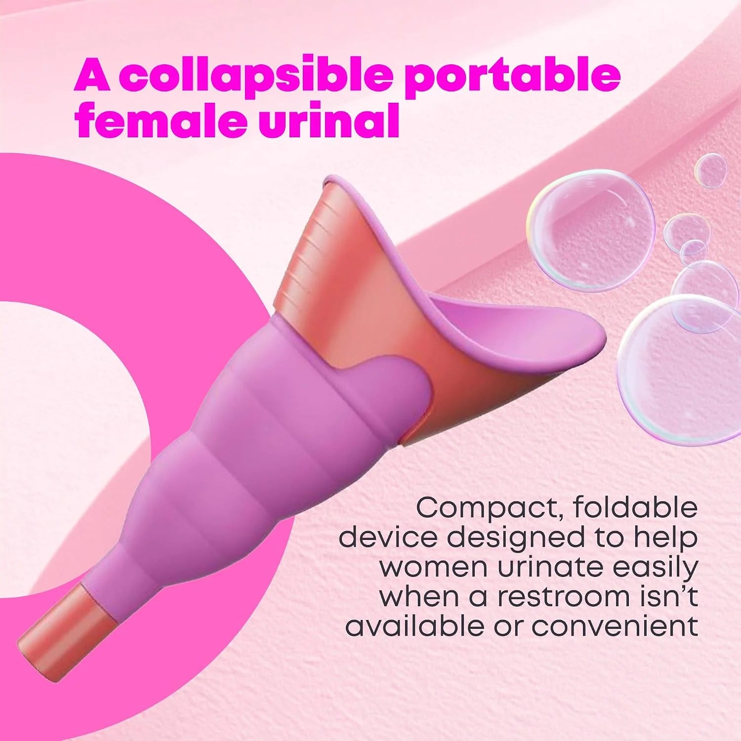 Reusable and eco-friendly collapsible female urinal shown folded flat on bathroom counter Pink 