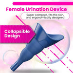 Reusable and eco-friendly collapsible female urinal shown folded flat on bathroom counter Blue 
