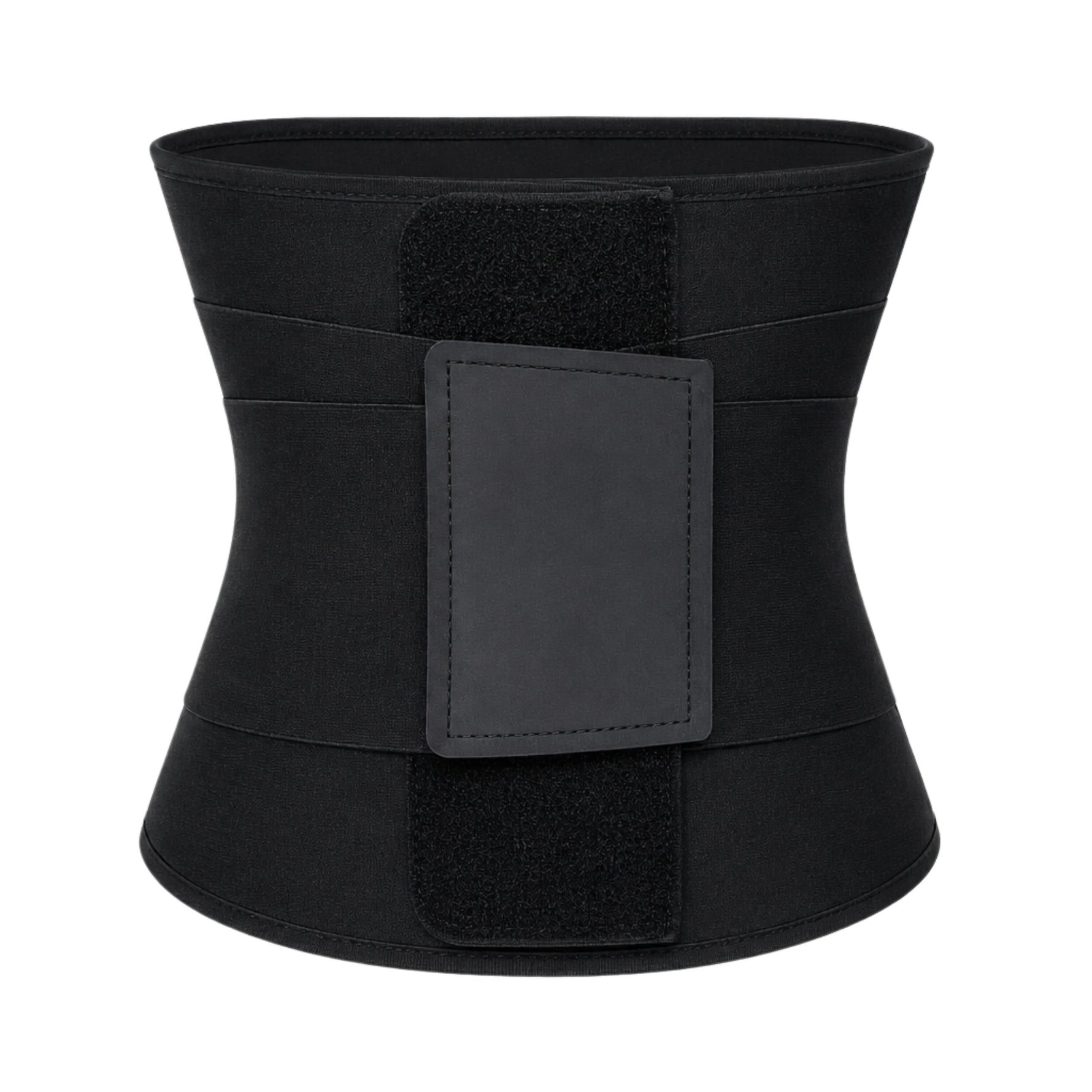 Women's sauna waist trainer corset in black worn by model – front view