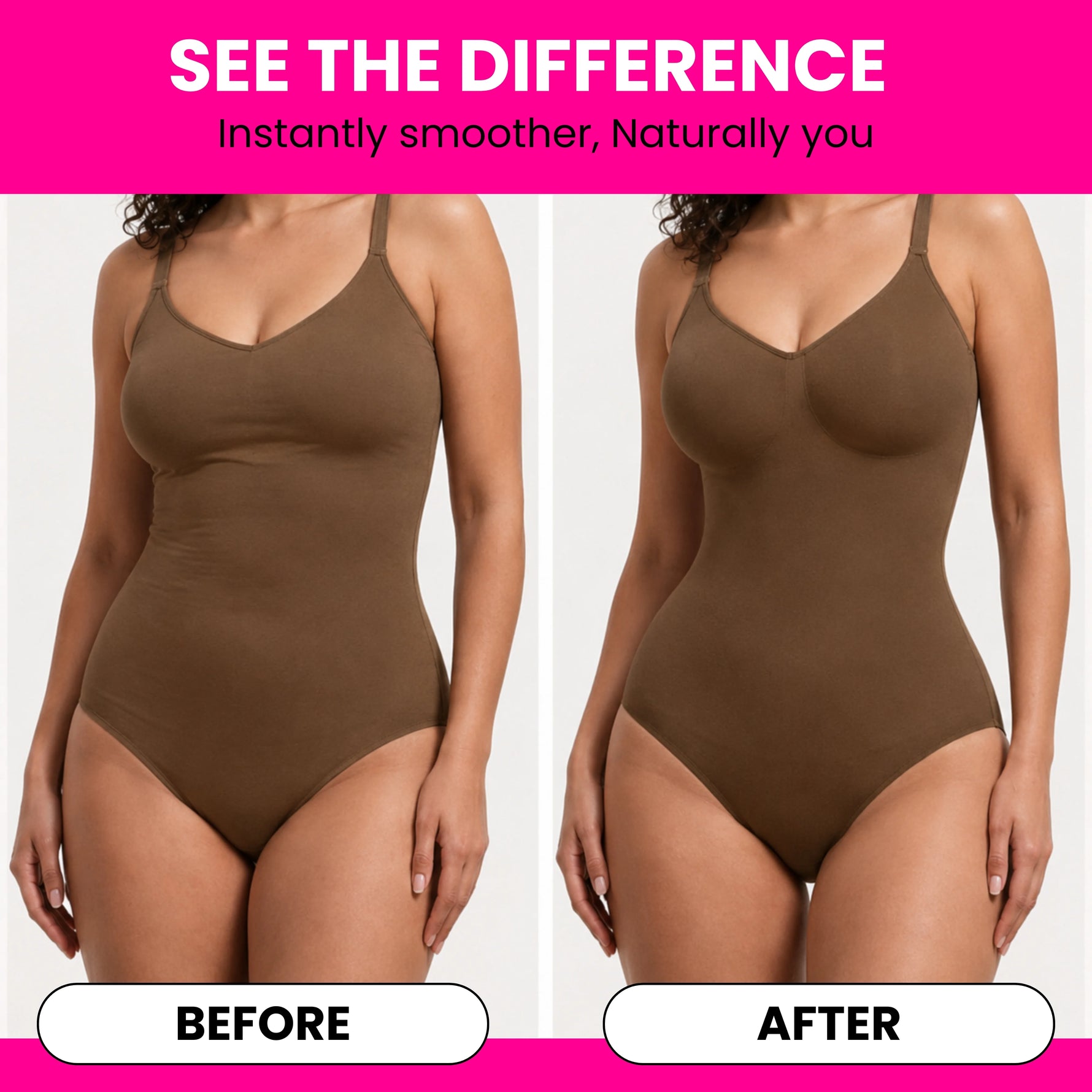 Women's seamless V-neck bodysuit shapewear waist cinching side profile view lifestyle