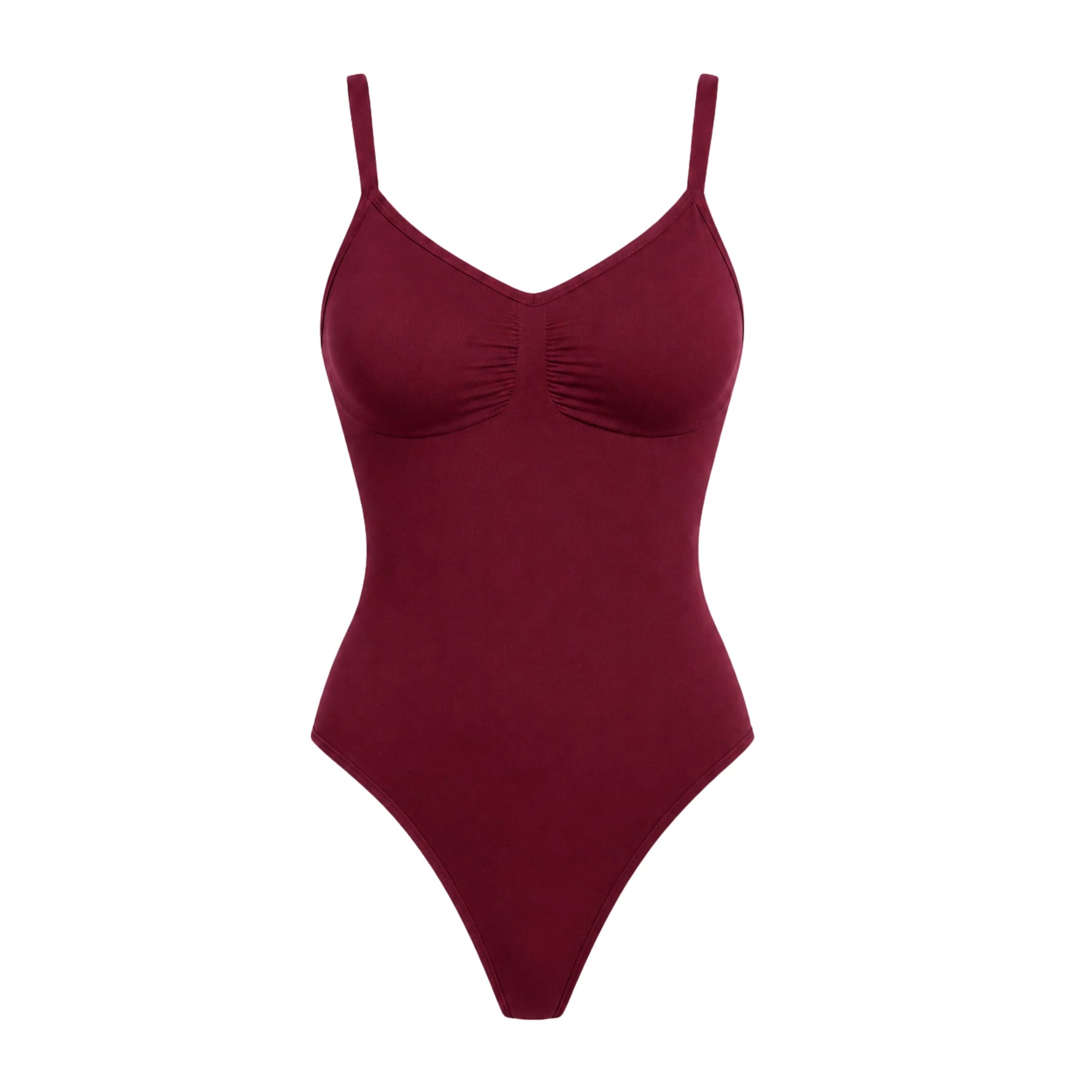 Women's seamless V-neck bodysuit shapewear with tummy control in burgundy